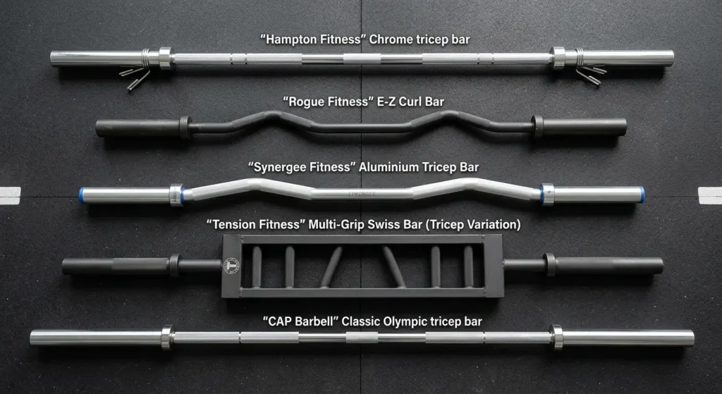 Best tricep bars laid out on a rubber gym floor