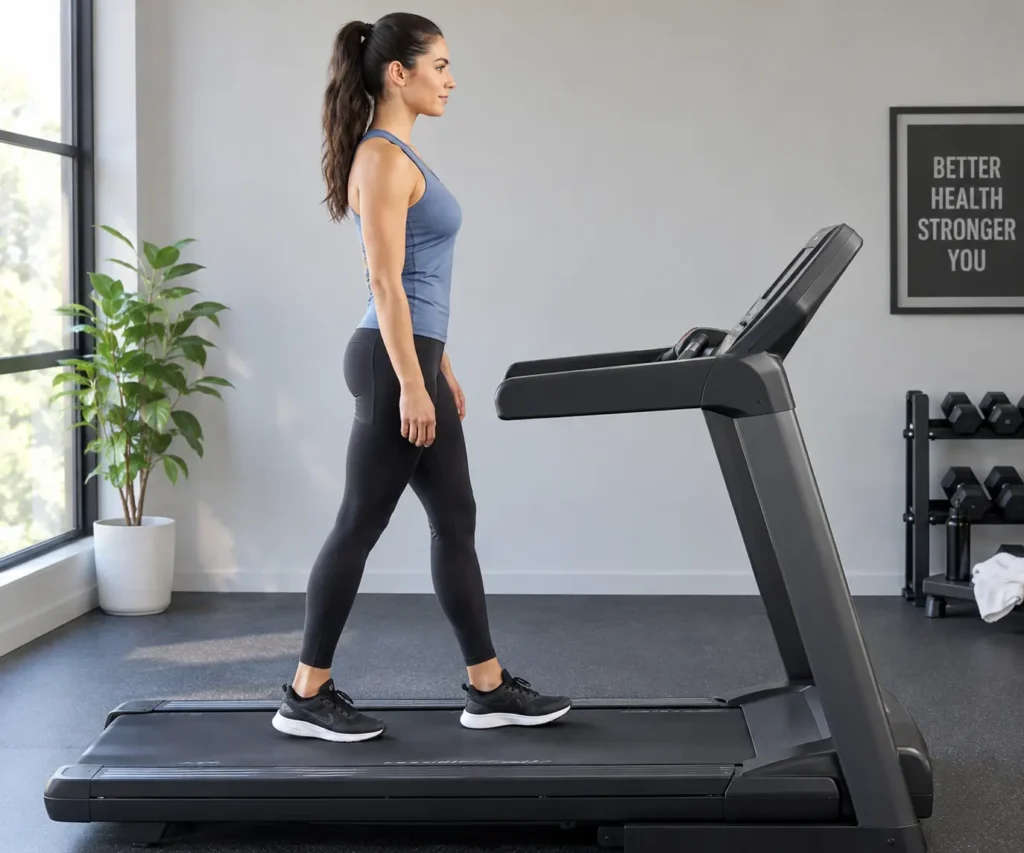 Bright Home Treadmill Workout. Person standing tall on a treadmill with relaxed arms and eyes forward