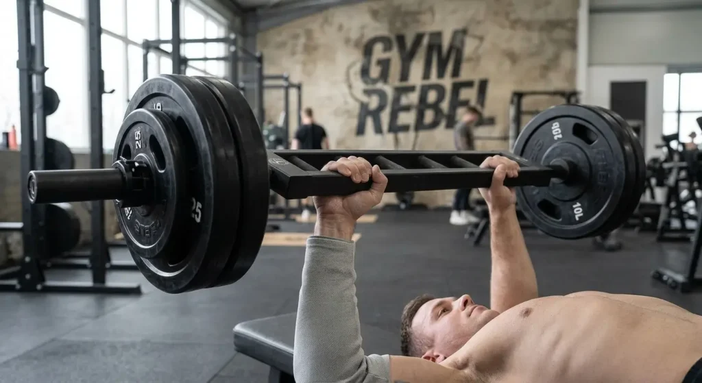 Lifter doing a close-grip bench press with a tricep bar
