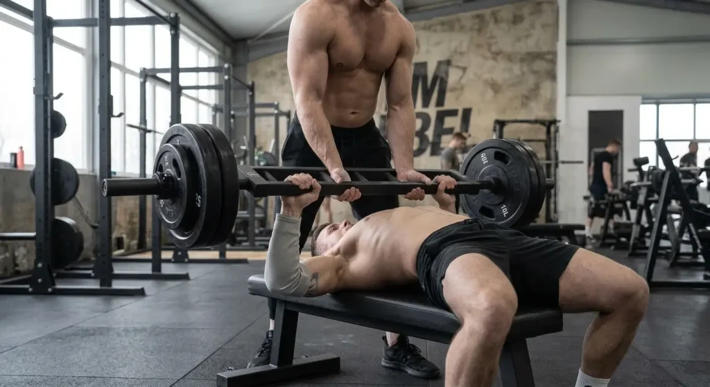Skull crusher with a tricep bar, starting position