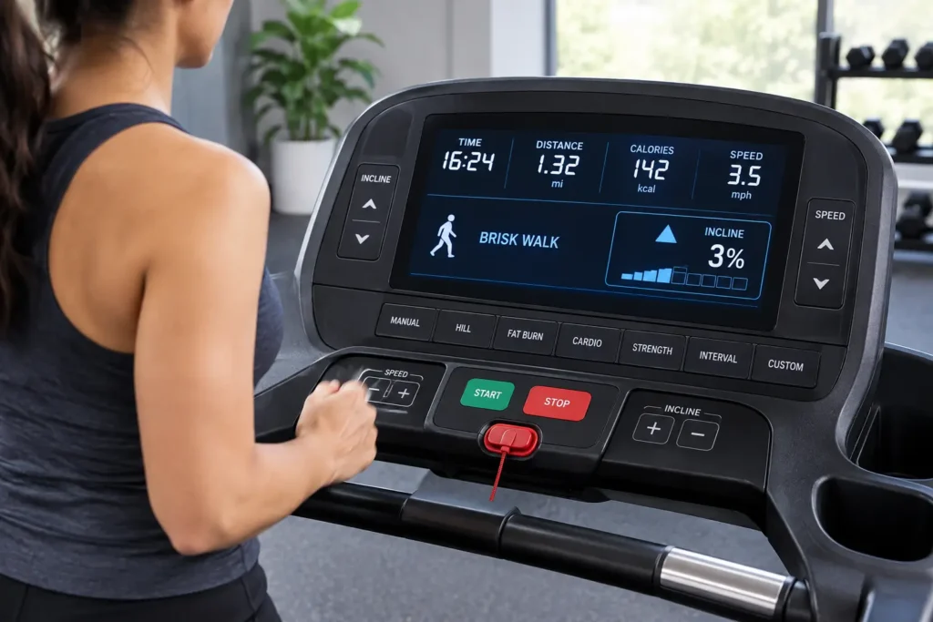 Treadmill incline set to 3% during a brisk walking workout
