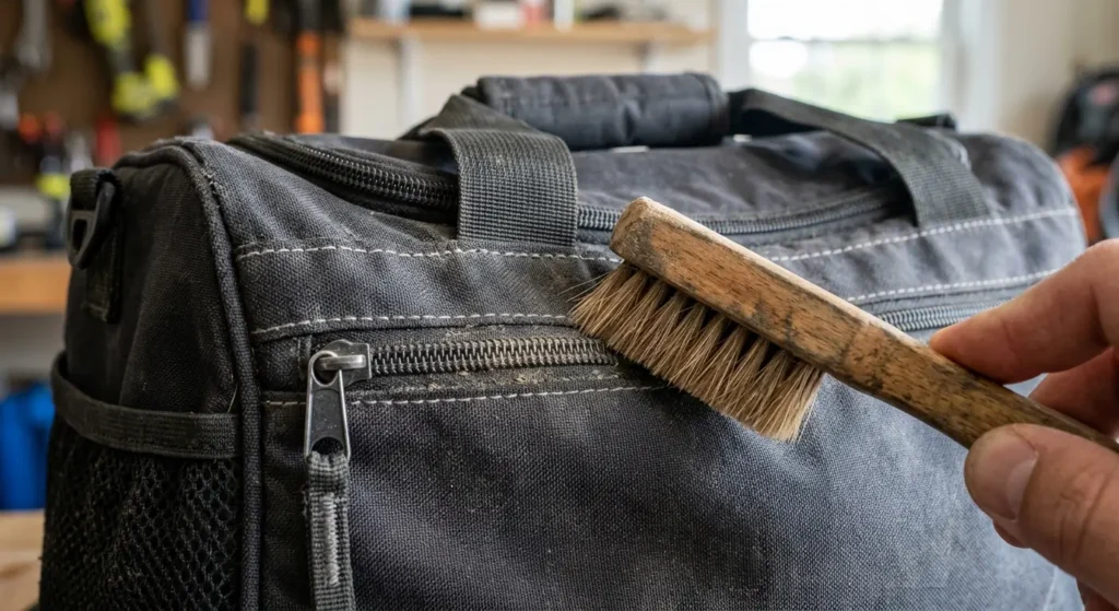 Close-up of a soft brush cleaning the zipper teeth and seams of a gym bag