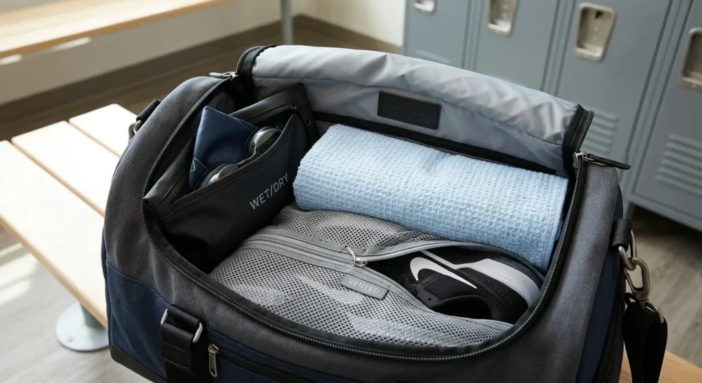 how to wash a gym bag: Neatly packed gym bag with a separate wet pouch, ventilated shoe bag, and fresh towel
