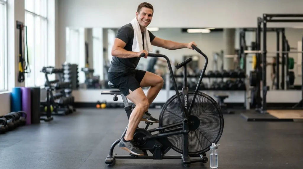 A beginner doing an easy recovery interval on an air bike, smiling, with a towel and water bottle nearby