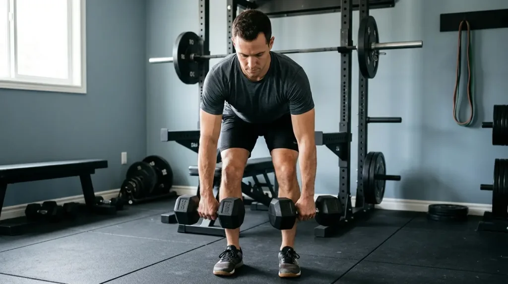 A lifter in a home gym holding a pair 