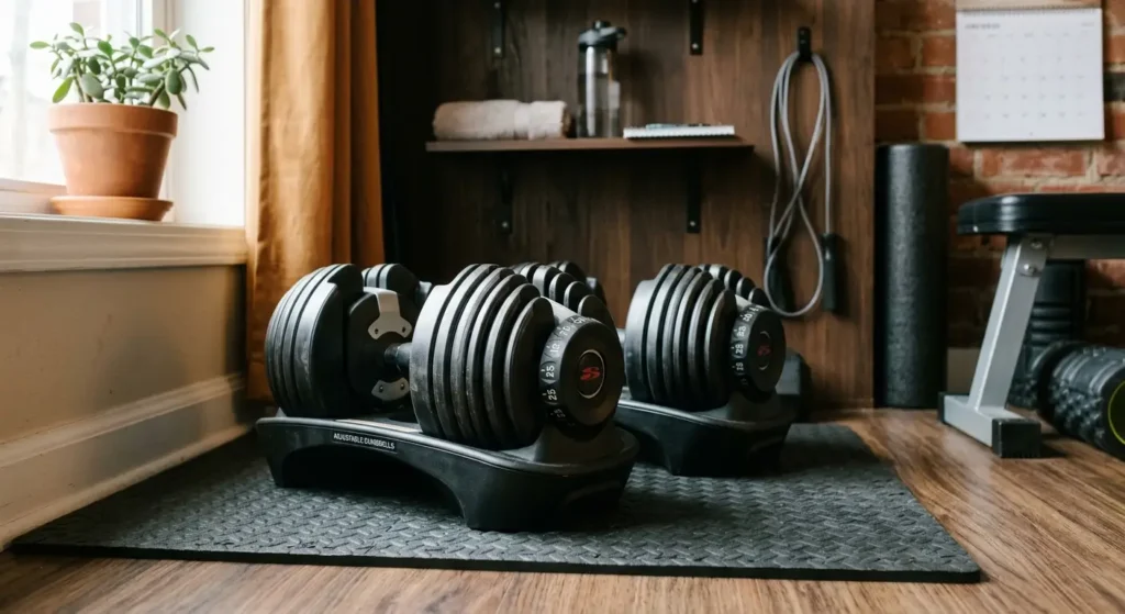 A pair of adjustable dumbbells