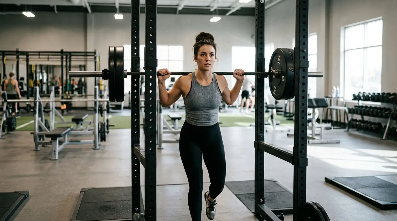 Woman preparing for a barbell workout for women in a squat rack with plates on the bar