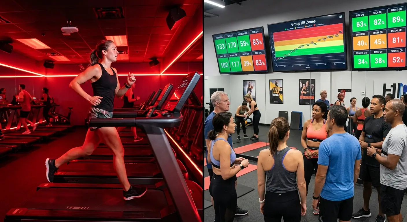 Barry’s vs Orangetheory class comparison showing treadmill intervals and heart-rate screens