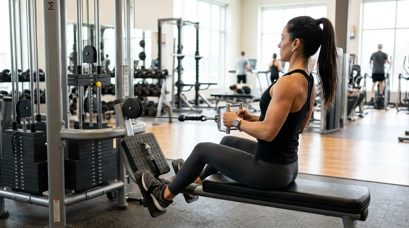 Lifter performing one of the best back cable exercises, a seated cable row, at a cable machine