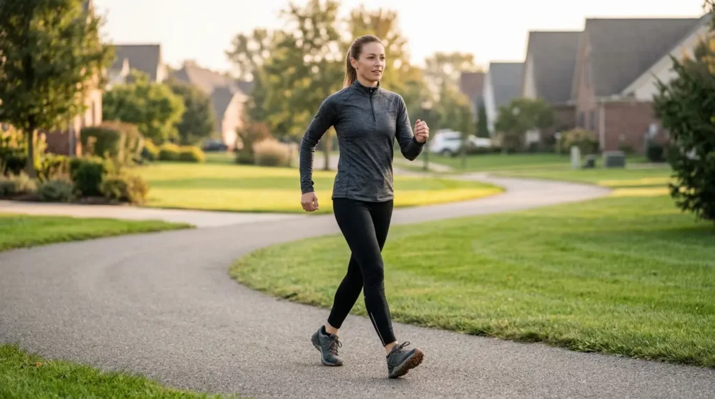 Brisk walk on a paved neighborhood path, showing upright posture and relaxed arm swing
