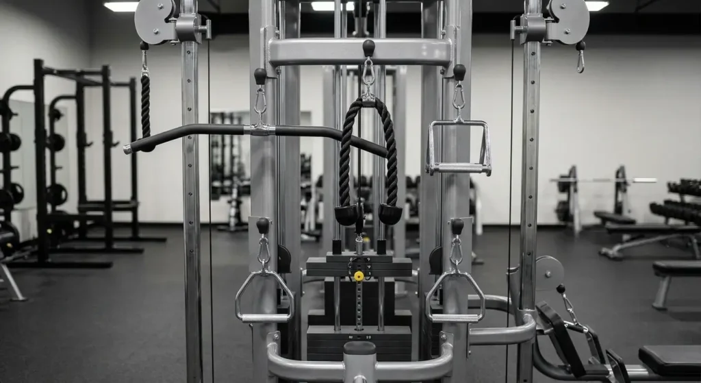 Cable station showing lat bar, V-handle, rope, and D-handle attachments- Best Back Cable Exercises