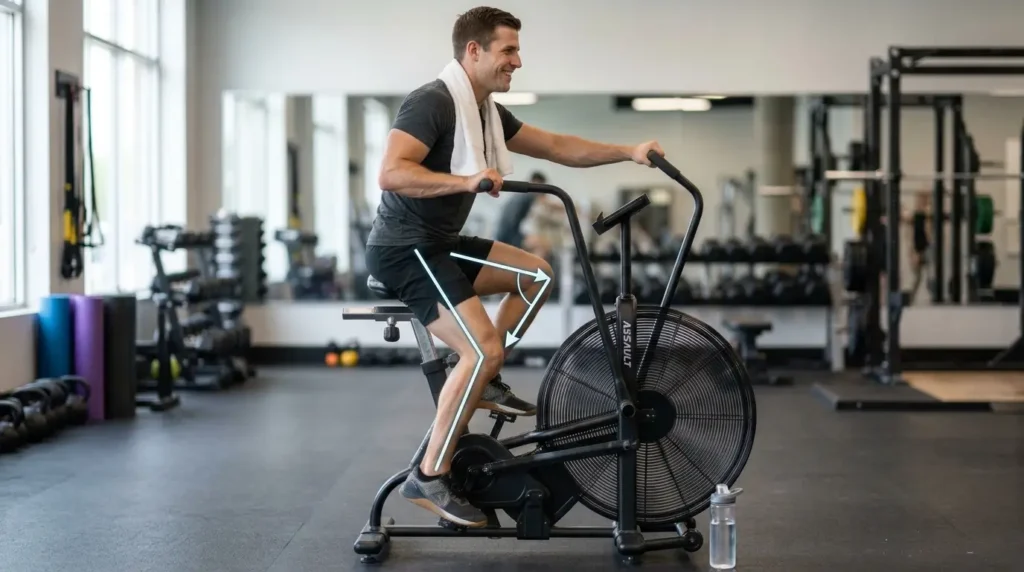 Correct seat height and posture, with an arrow showing the slight knee bend at the bottom of the pedal stroke