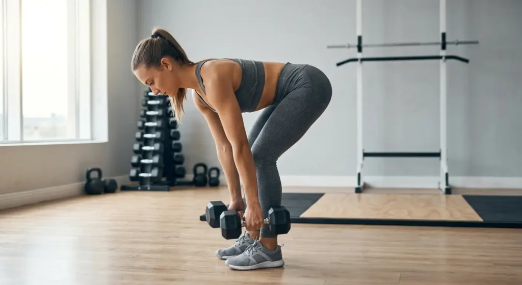A muscular woman holds dumbbells at her shins in the flat-back hinge position of a deadlift.