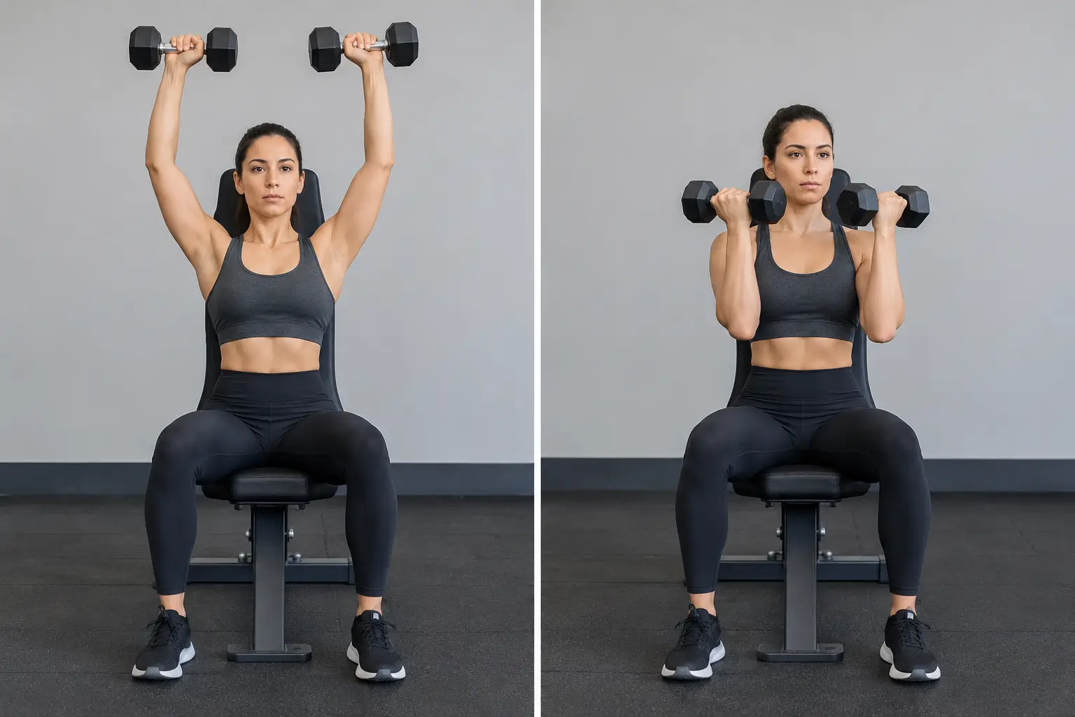Lifter comparing the Arnold press vs shoulder press with dumbbells on a bench