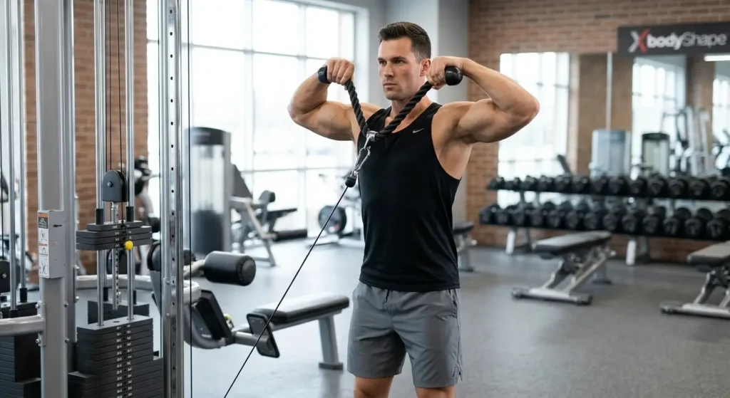 Face pull at the end position with rope split near the ears and elbows high