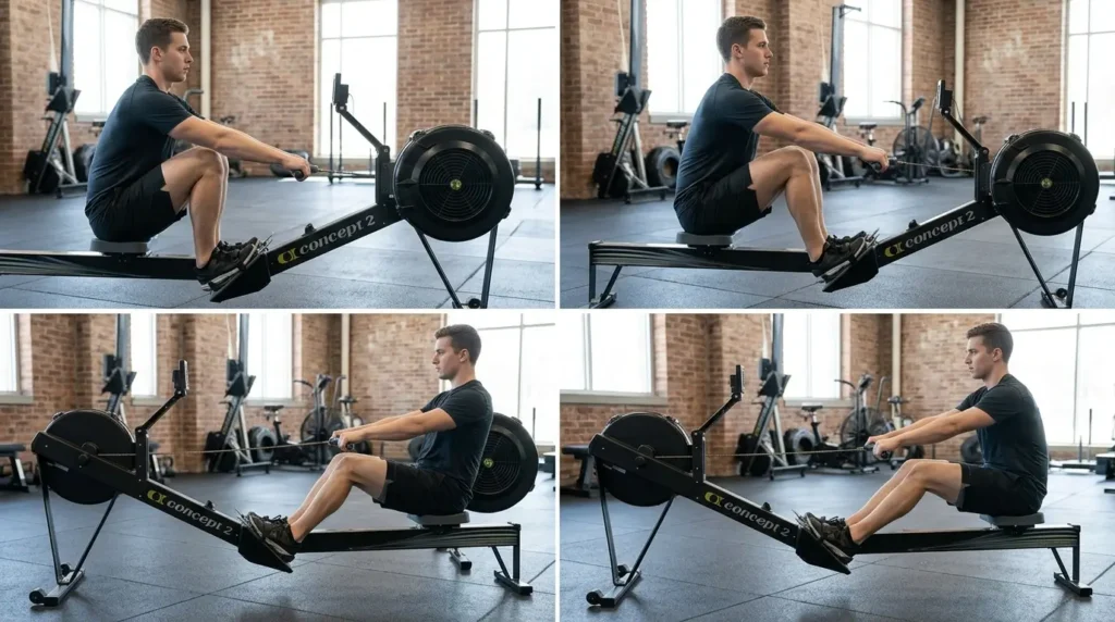 Four-panel demonstration of catch, drive, finish, and recovery