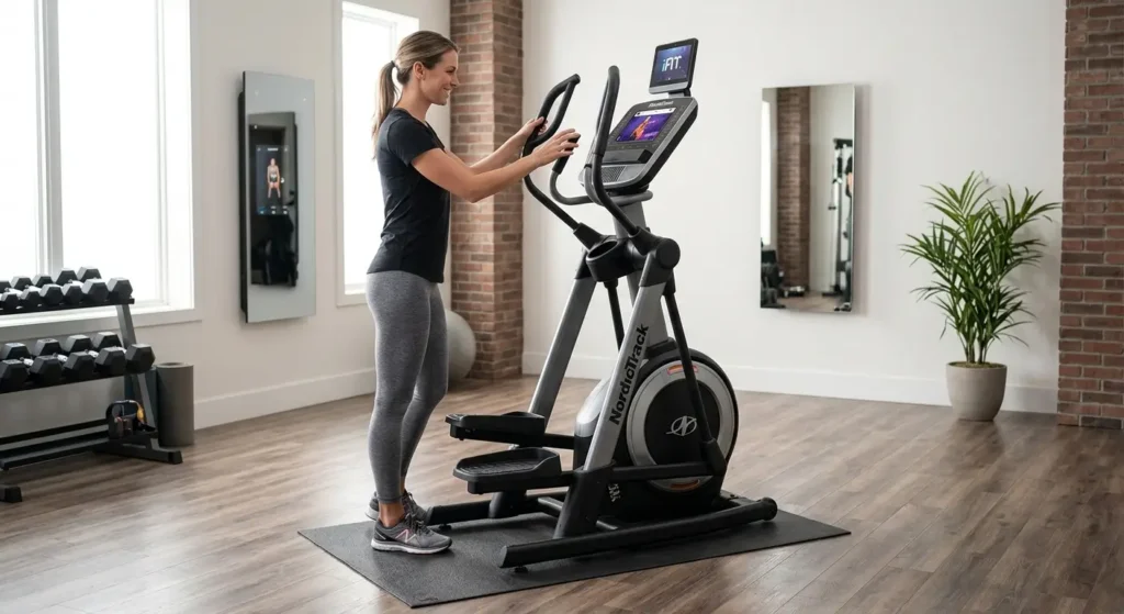 NordicTrack FreeStrider review: side view of the FS10i with a person standing beside it for scale