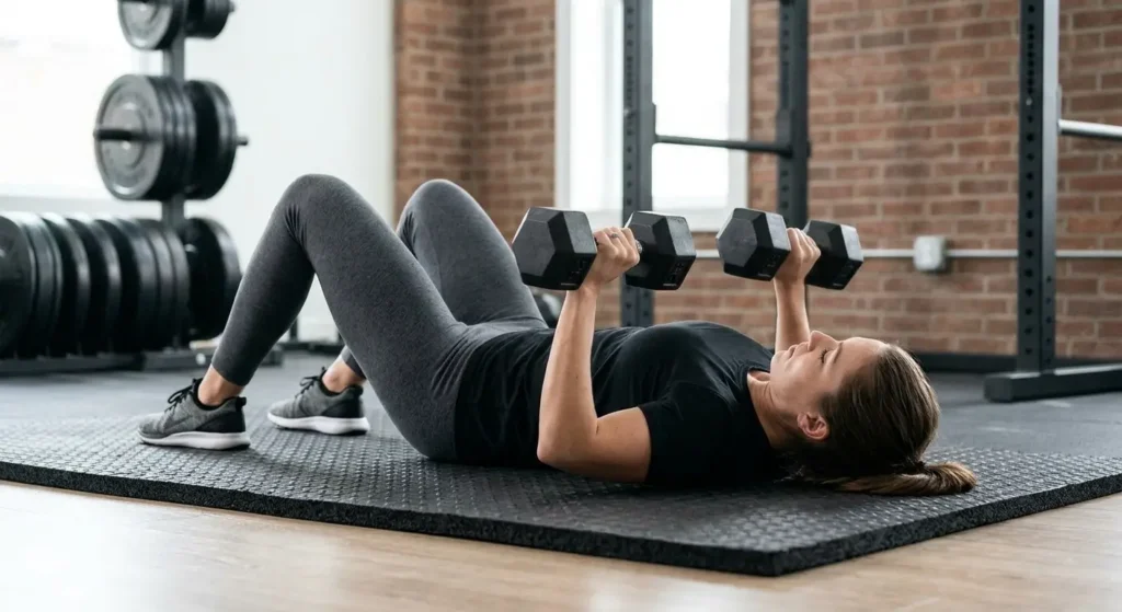 Lifter finishing a dumbbell floor press