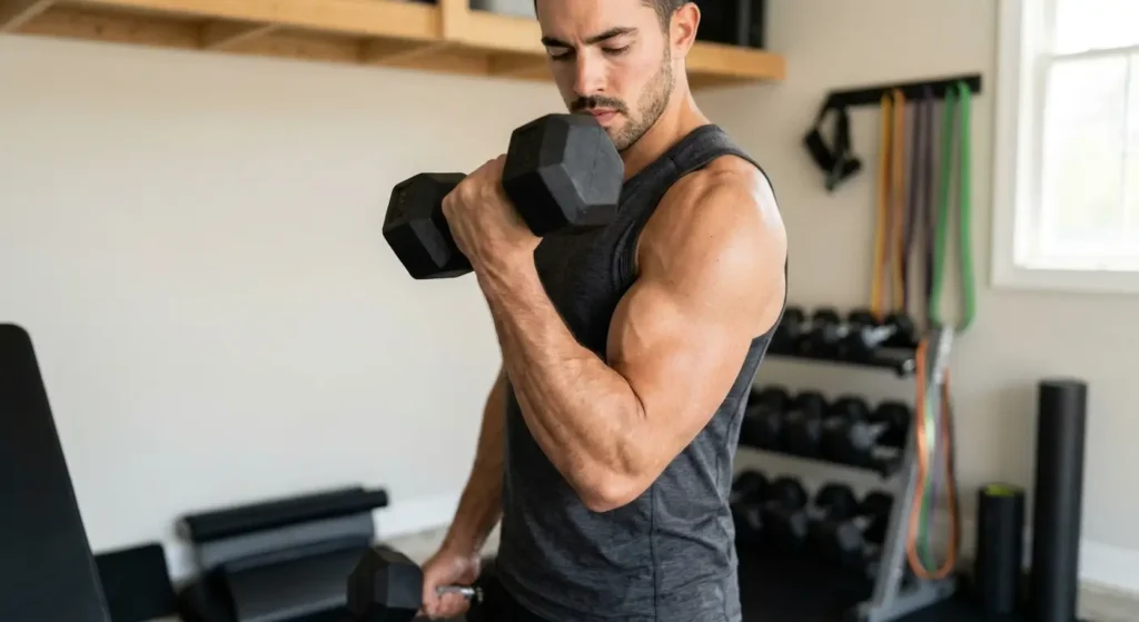 Lifter holding a dumbbell at the top of a curl