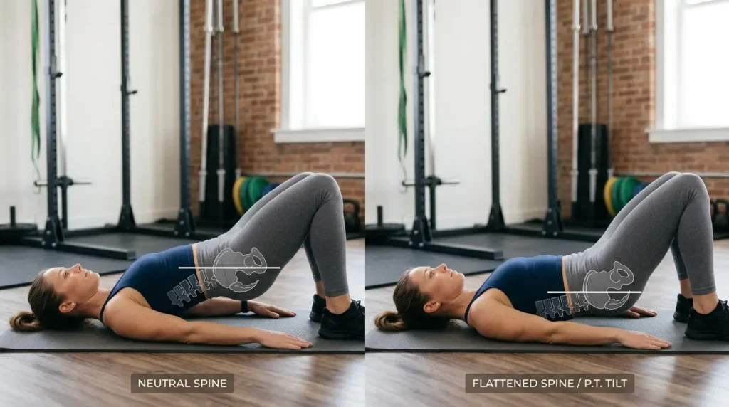 Lying posterior pelvic tilt, showing neutral spine and flattened spine side by side