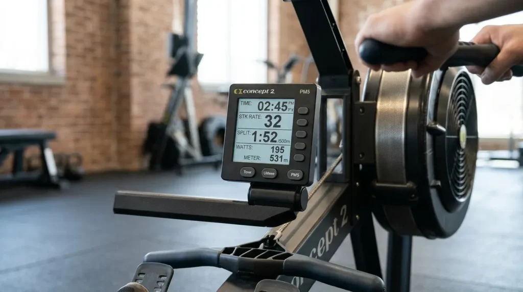 Monitor display showing stroke rate and split time during an interval