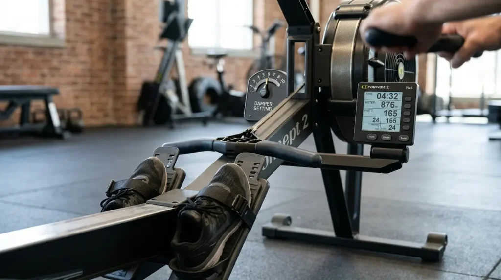 Rowing machine setup showing footplate, straps, damper dial, and monitor