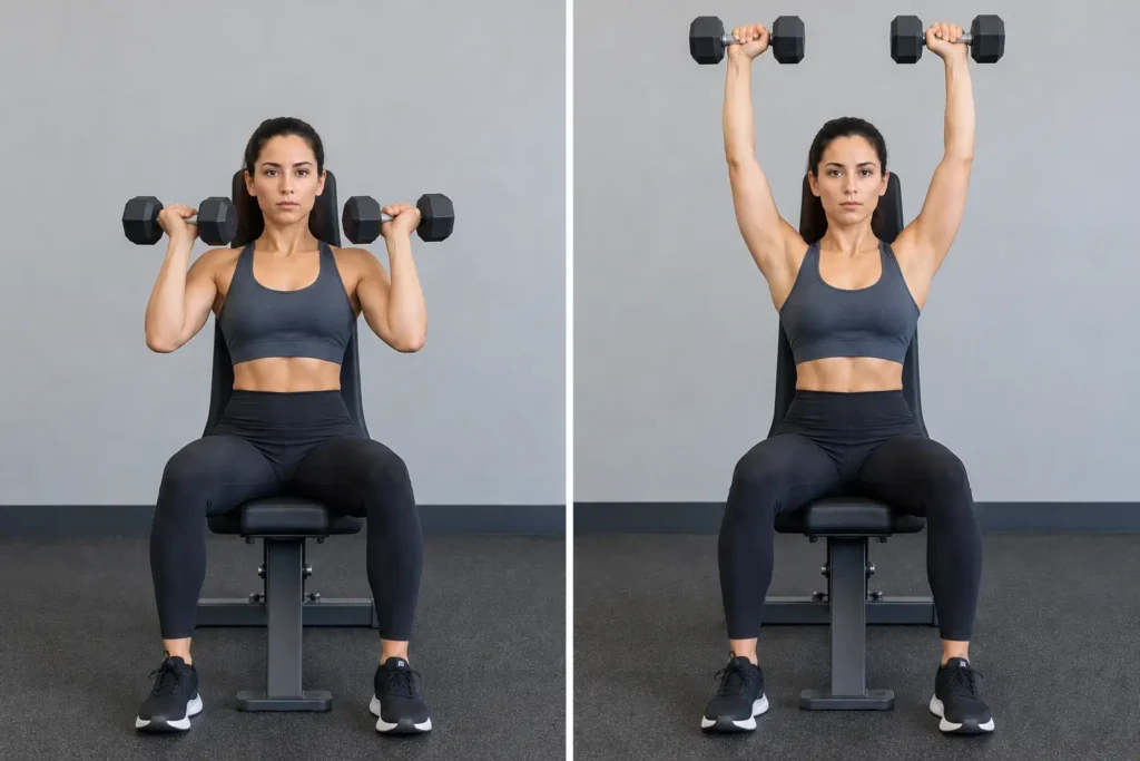 Side-by-side of the Arnold press start (palms facing you) and finish (palms facing forward)