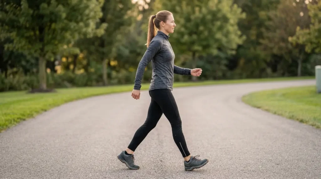 Side view of correct walking posture with arm swing and mid-stride foot placement 