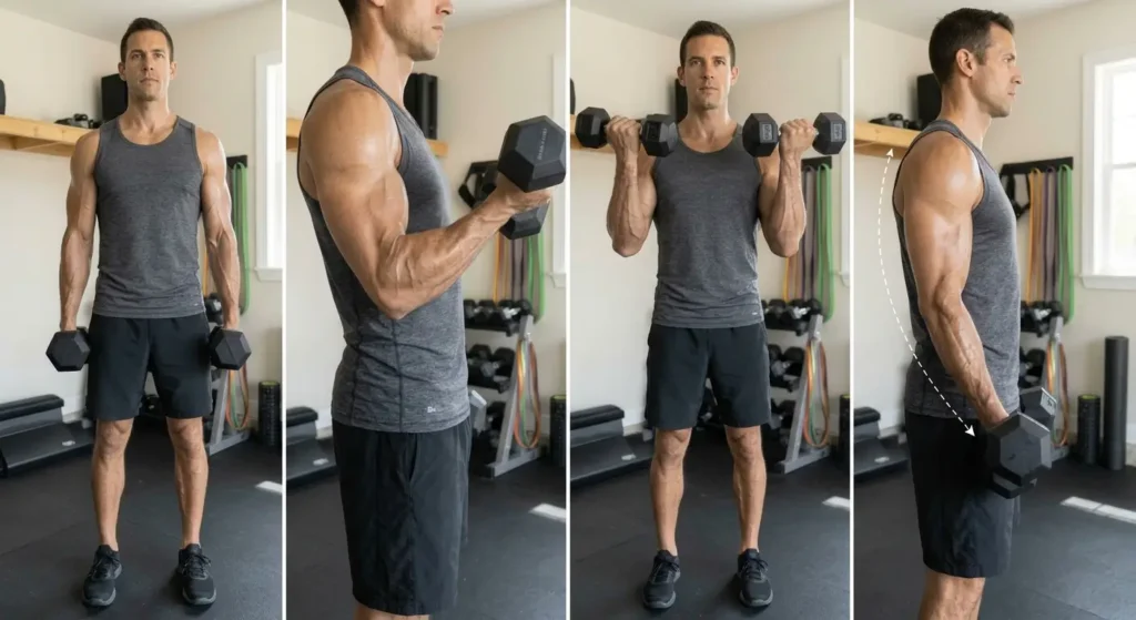 Step-by-step sequence of a dumbbell curl: start, midpoint, top, and controlled lowering