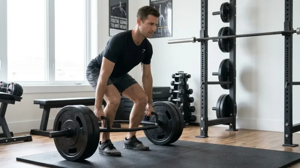  The Day 1 deadlift session in a home gym, with a trap bar loaded and a rack nearby for elevated pulls