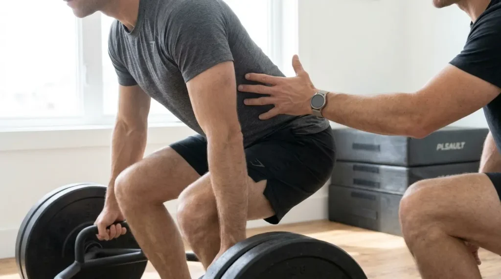 The bracing and lat-engagement step, with a coach’s hand touching the lats to show the cue “protect your armpits