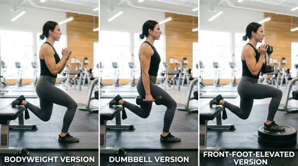 Three-panel image showing bodyweight, dumbbell, and front-foot-elevated versions