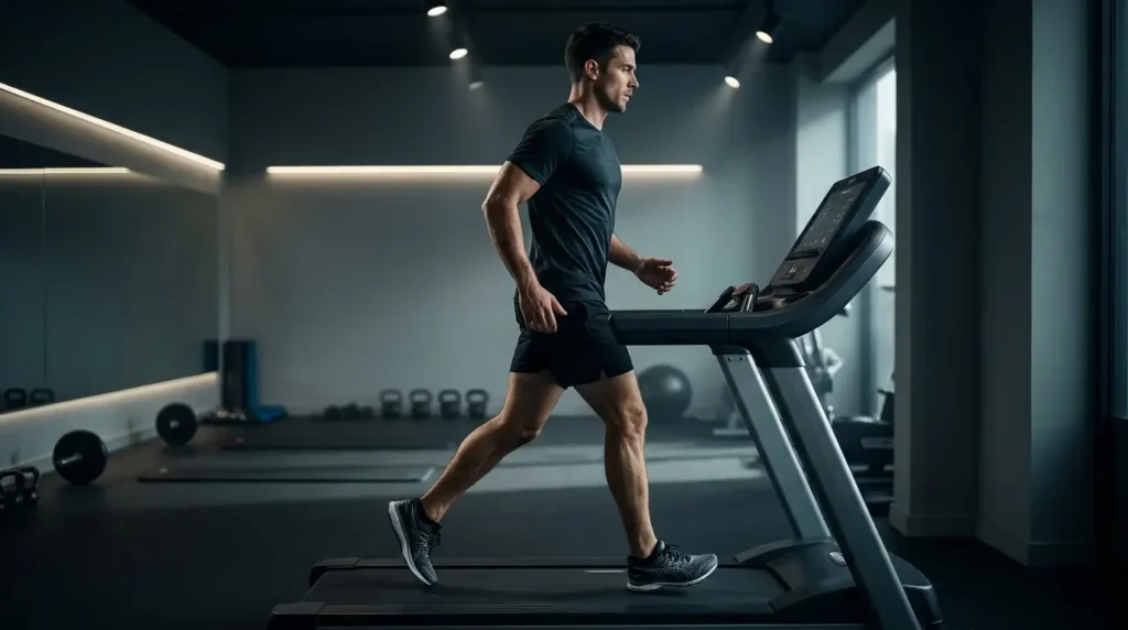 Treadmill row in a dim studio, runner with relaxed arms and hands off the rails