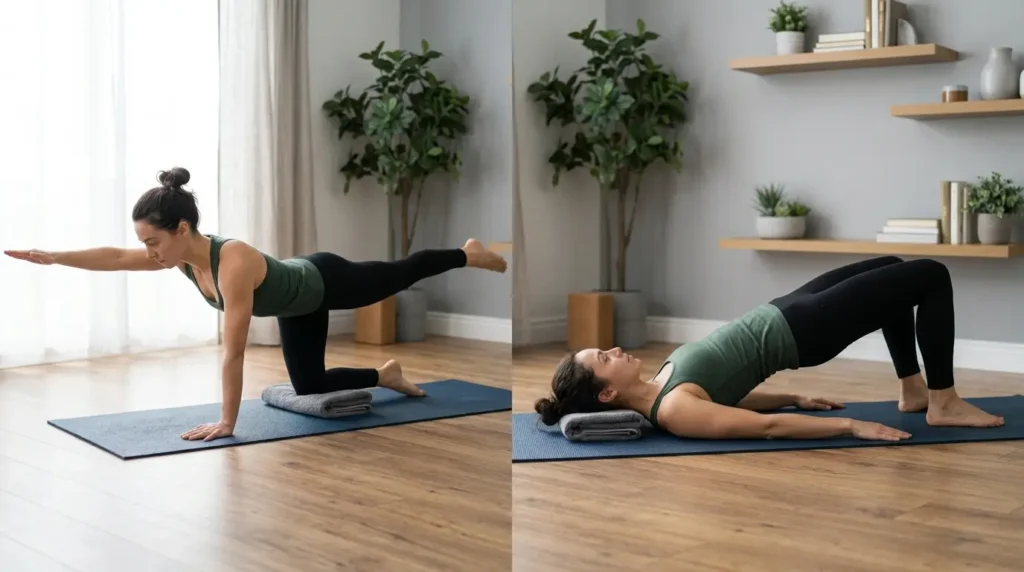 bird dog and glute bridge in a back extensions at home workout
