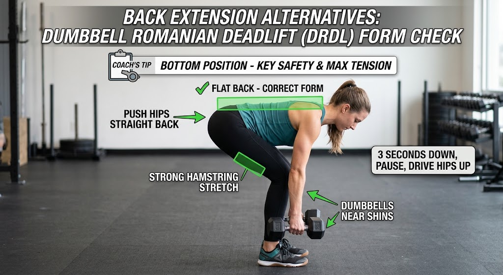 Coach-style side view of a dumbbell Romanian deadlift at the bottom position, flat back, dumbbells near the shins