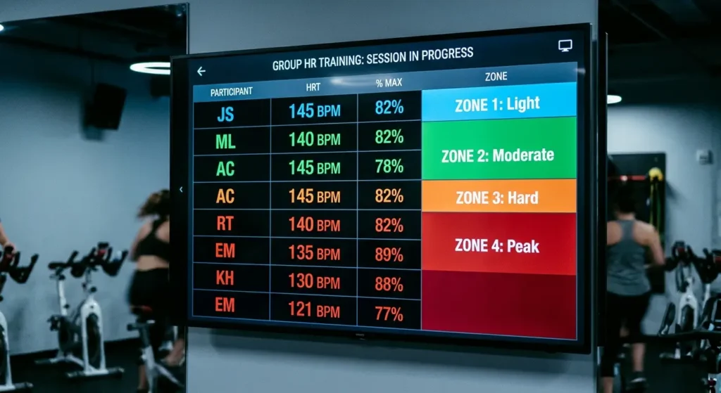 Studio screen showing color-coded heart-rate zones for a class