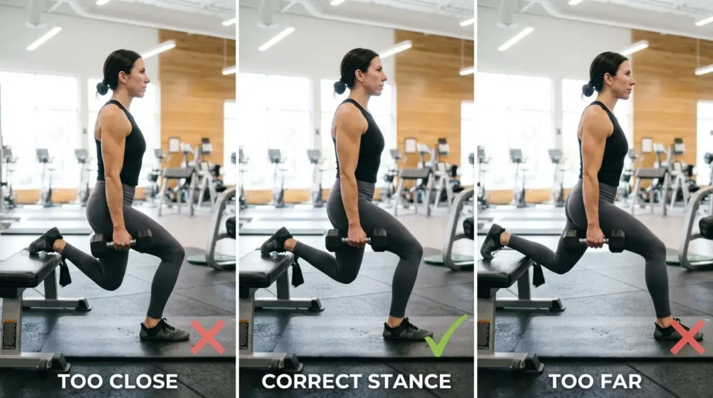 Side-by-side of a front foot too close, correct, and too far