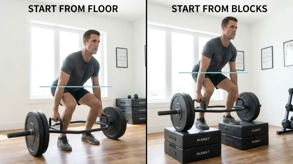 Side-by-side of a tall lifter at the start position, once from the floor and once from blocks, showing the difference in hip height